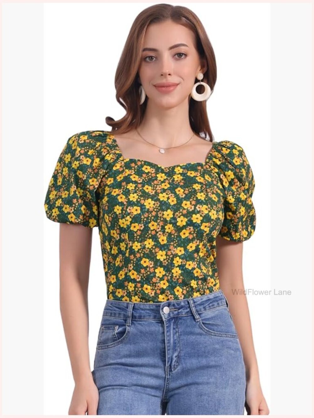 Puff Sleeve Peasant Smocked Square Neck Floral Blouse